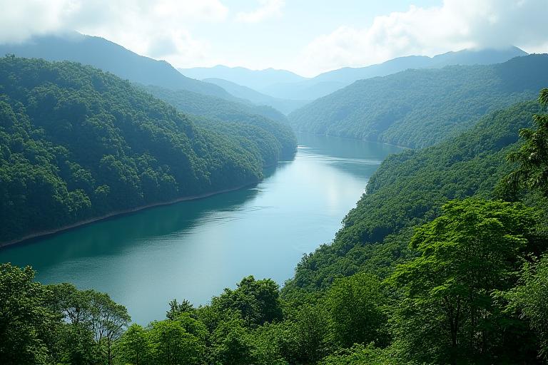 西表島のジャングルを流れる川のパノラマビュー