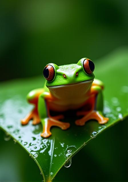 濡れた葉の上にいる鮮やかな緑色のカエル