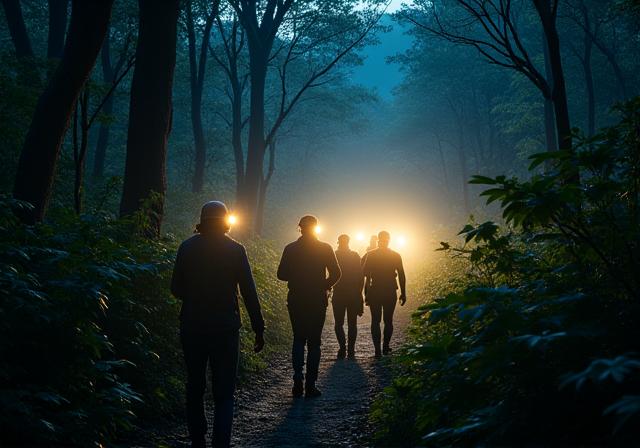 ヘッドライトをつけた観光客グループが夜の森を歩いている