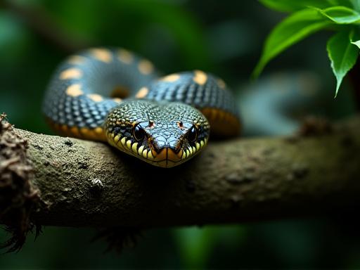 木の枝にとまるヒメハブのクローズアップ