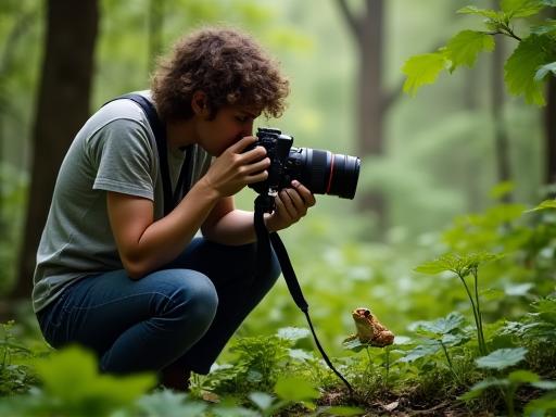 カメラを構えて森の中の小さなカエルを撮影している人